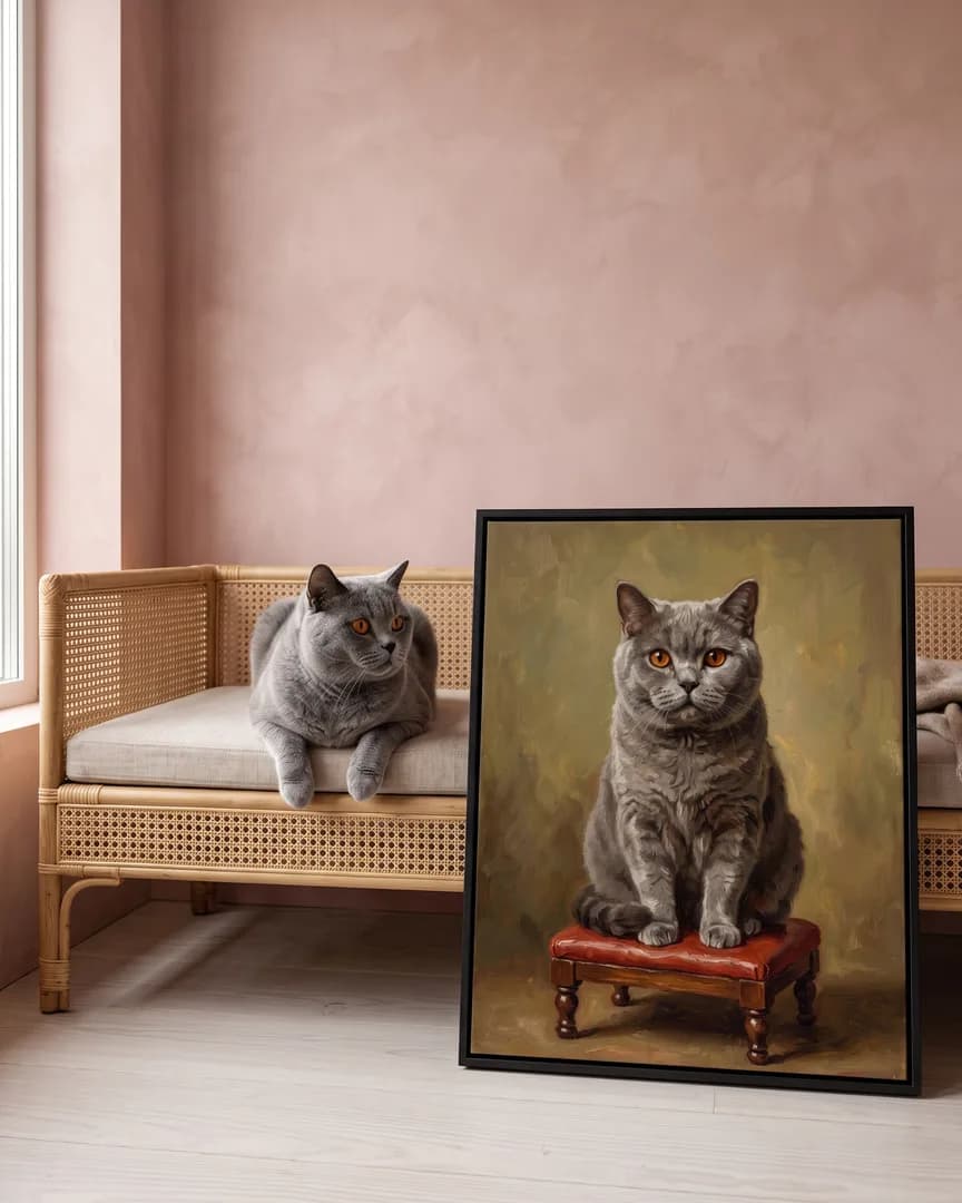Earl, a British shorthair, beside a black framed canvas of their own Conservatory Perch portrait.