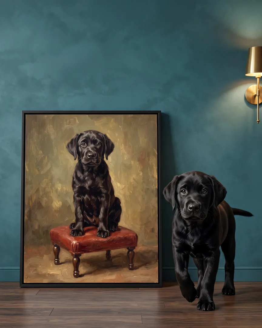 Bear, a black Labrador retriever puppy, beside a black framed canvas of their own Conservatory Perch portrait.