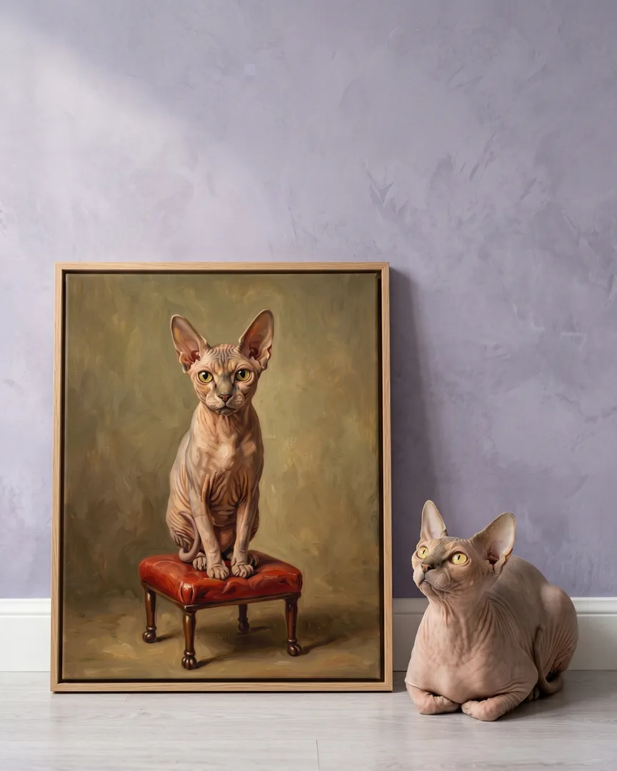 Yoda, a Sphynx, beside a natural-oak framed canvas of their own Conservatory Perch portrait.