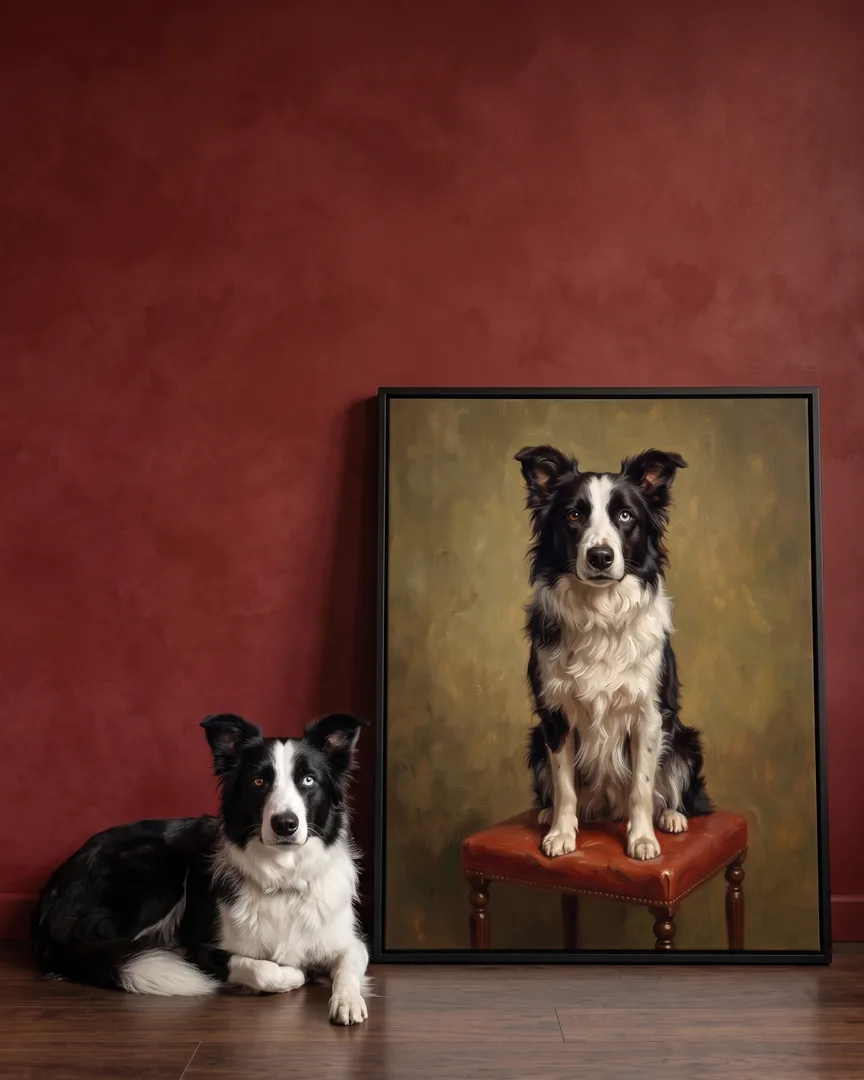 Skye, a border collie, beside a black framed canvas of their own Conservatory Perch portrait.