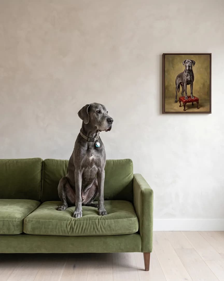 Duke, a Great Dane, beside a brown framed canvas of their own Conservatory Perch portrait.