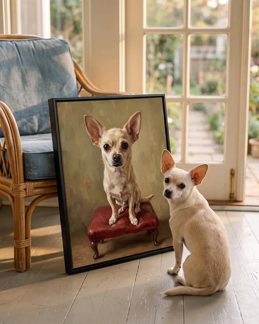 Pip, a chihuahua, beside a black framed canvas of their own Conservatory Perch portrait.