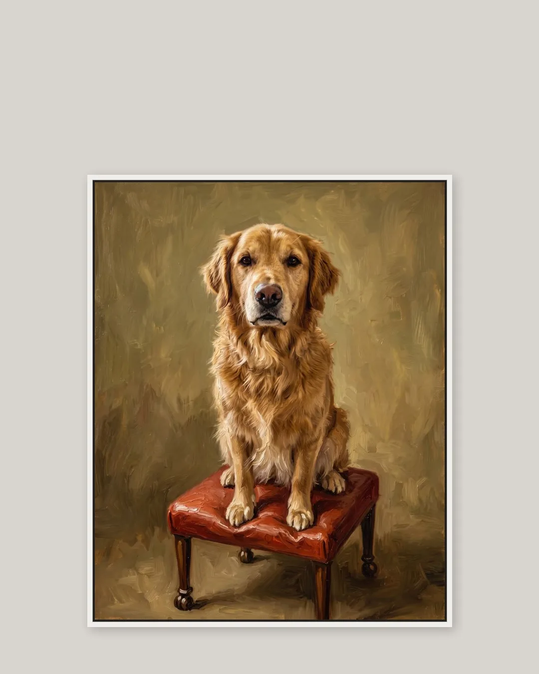 A white float-framed canvas of Sunny, a golden retriever, in the Conservatory Perch style.
