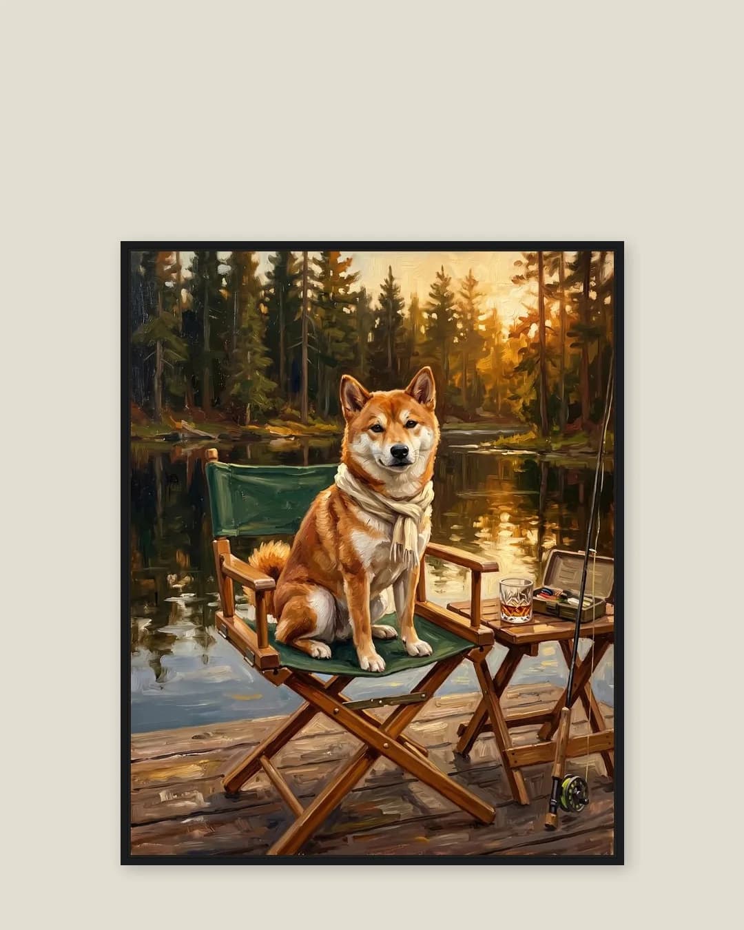 Une toile encadrée noire de Suki, un shiba inu, dans le style heure du quai.