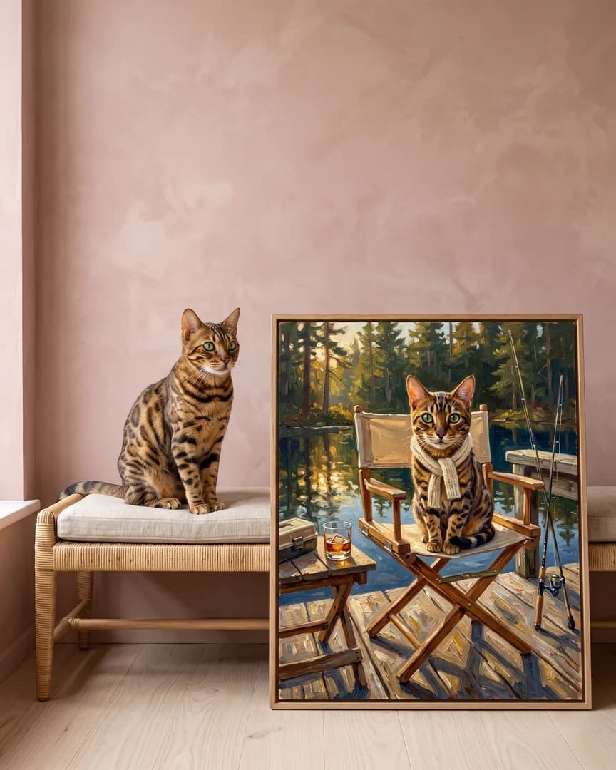 Jasper, un chat bengal, à côté d'une toile encadrée en chêne naturel de son portrait heure du quai.