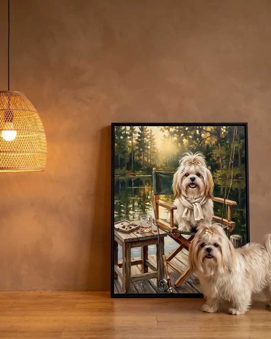 Coco, un shih tzu, à côté d'une toile encadrée noire de son portrait heure du quai.