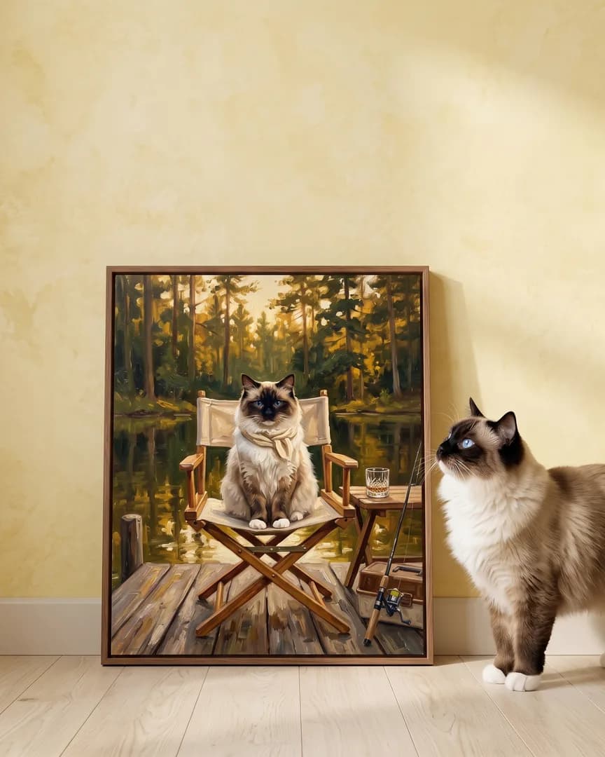 Willow, un chat ragdoll, à côté d'une toile encadrée brune de son portrait heure du quai.