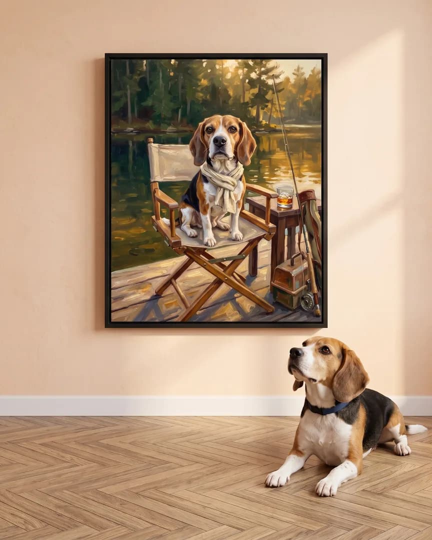 Buddy, un beagle, à côté d'une toile encadrée noire de son portrait heure du quai.