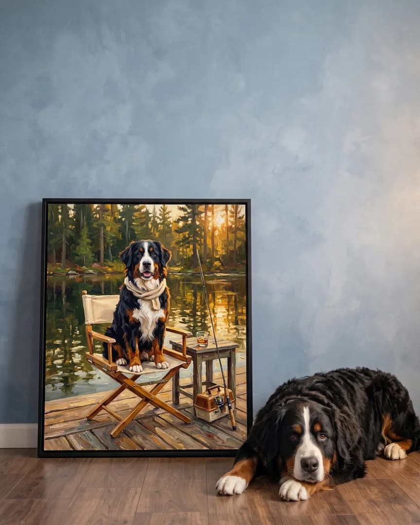 Bruno, un bouvier bernois, à côté d'une toile encadrée noire de son portrait heure du quai.