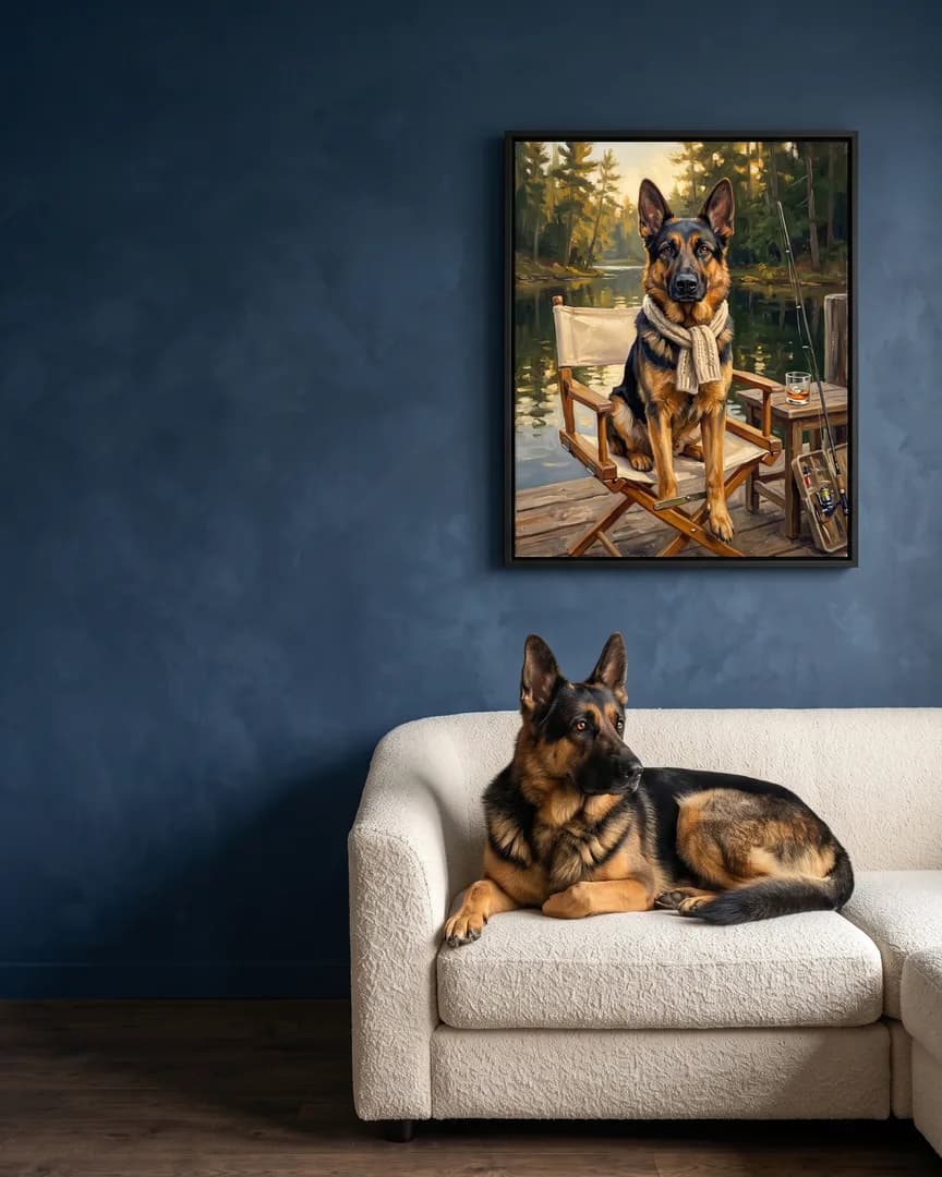 Rex, un berger allemand, à côté d'une toile encadrée noire de son portrait heure du quai.