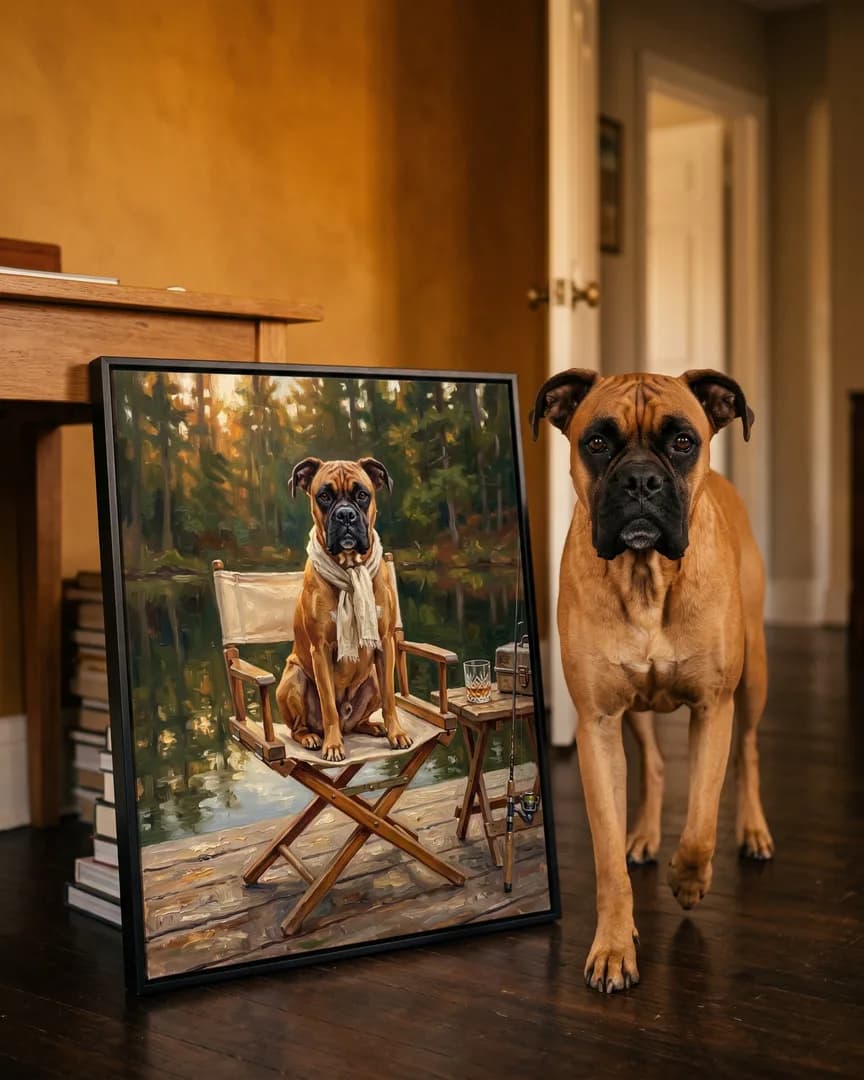 Rocco, un boxer, à côté d'une toile encadrée noire de son portrait heure du quai.
