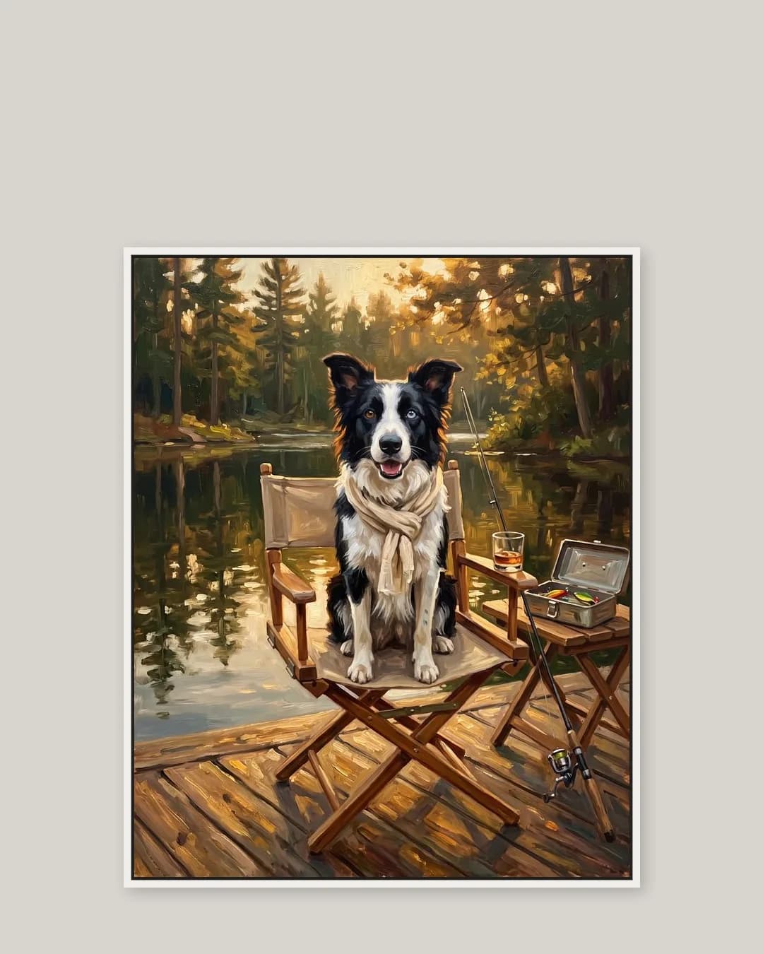 Une toile encadrée blanche de Skye, un border collie, dans le style heure du quai.