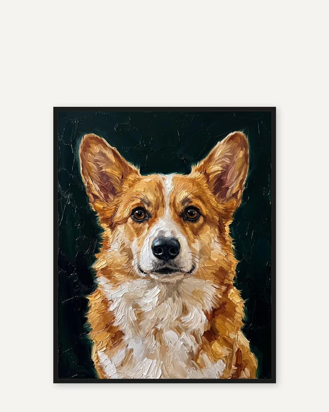 Une toile encadrée noire de Pixel, un corgi, un portrait tout en douceur du style Buste d'émeraude.