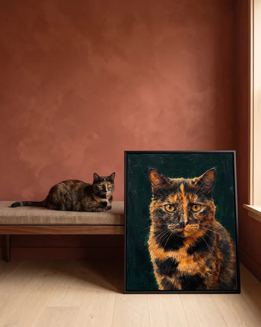 Autumn, un chat écaille, à côté d'une toile encadrée noire de son portrait Buste d'émeraude.