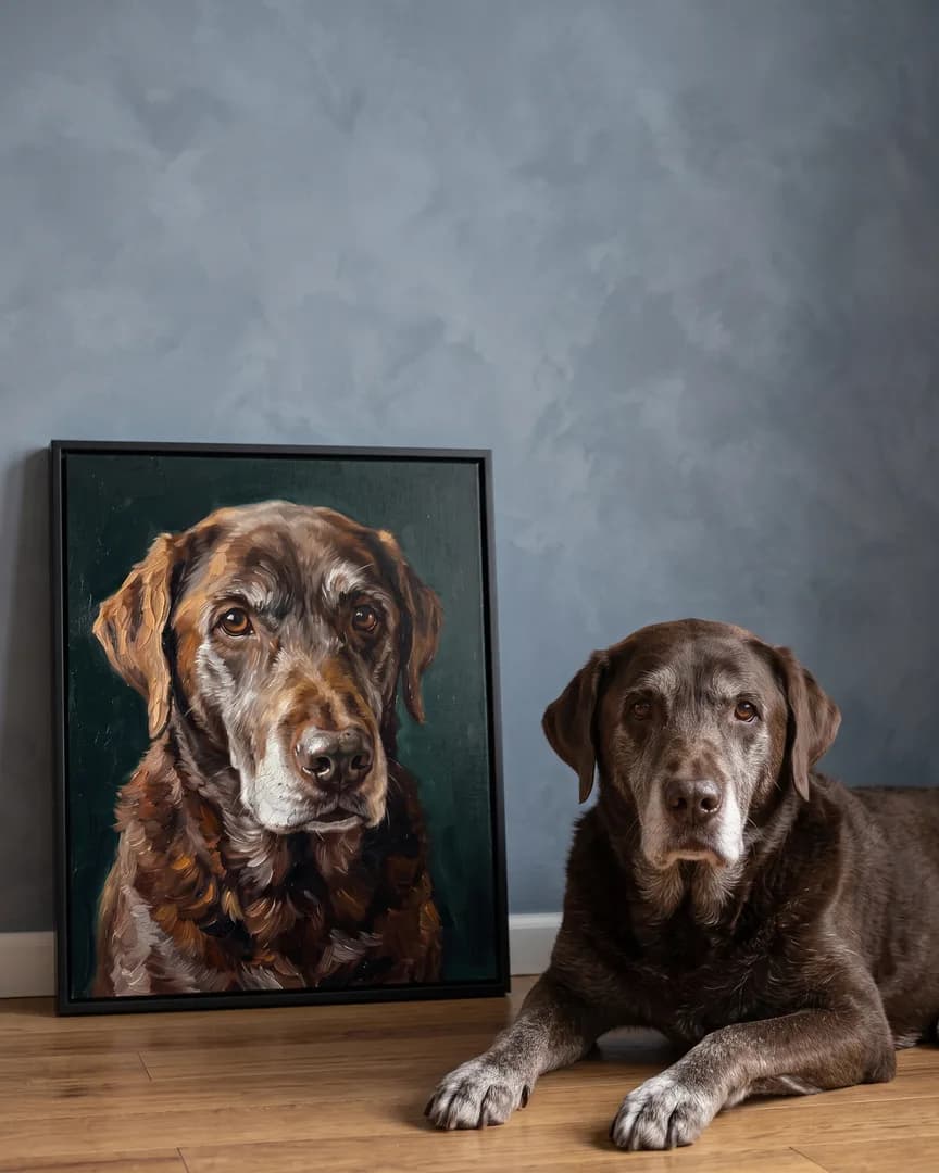 Moose, un labrador chocolat, à côté d'une toile encadrée noire de son portrait Buste d'émeraude.