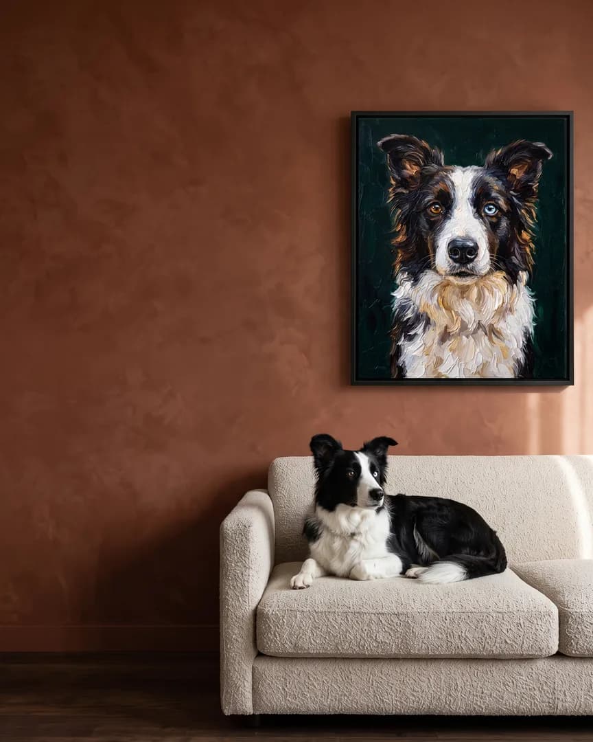 Skye, un border collie, à côté d'une toile encadrée noire de son portrait Buste d'émeraude.