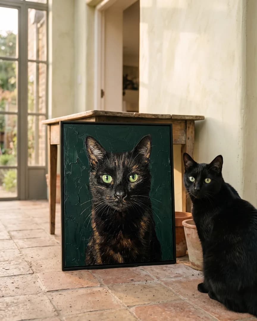 Ombre, un chat noir, à côté d'une toile encadrée noire de son portrait Buste d'émeraude.