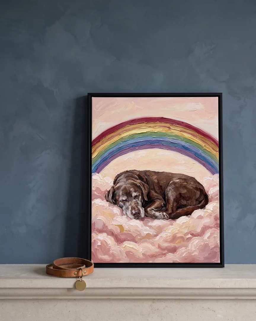 A black framed canvas of Moose, a chocolate labrador retriever, a Gentle Skies portrait, on a limestone mantel beside a collar.