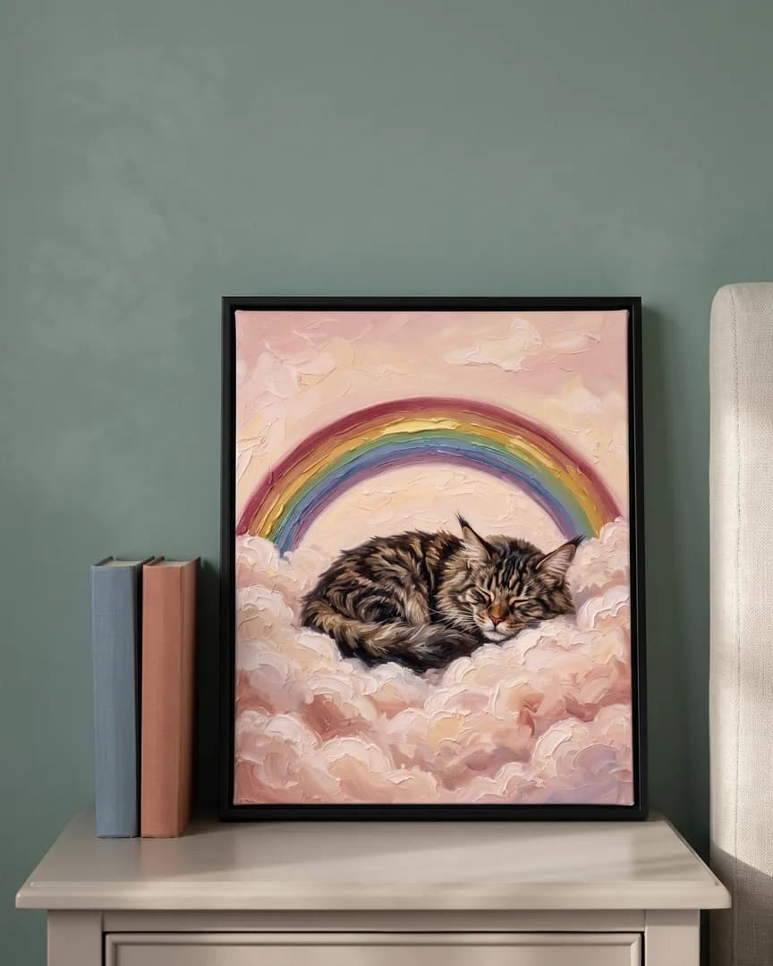 A black framed canvas of Baron, a Maine coon, a Gentle Skies portrait, on a bedside table beside two plain books.