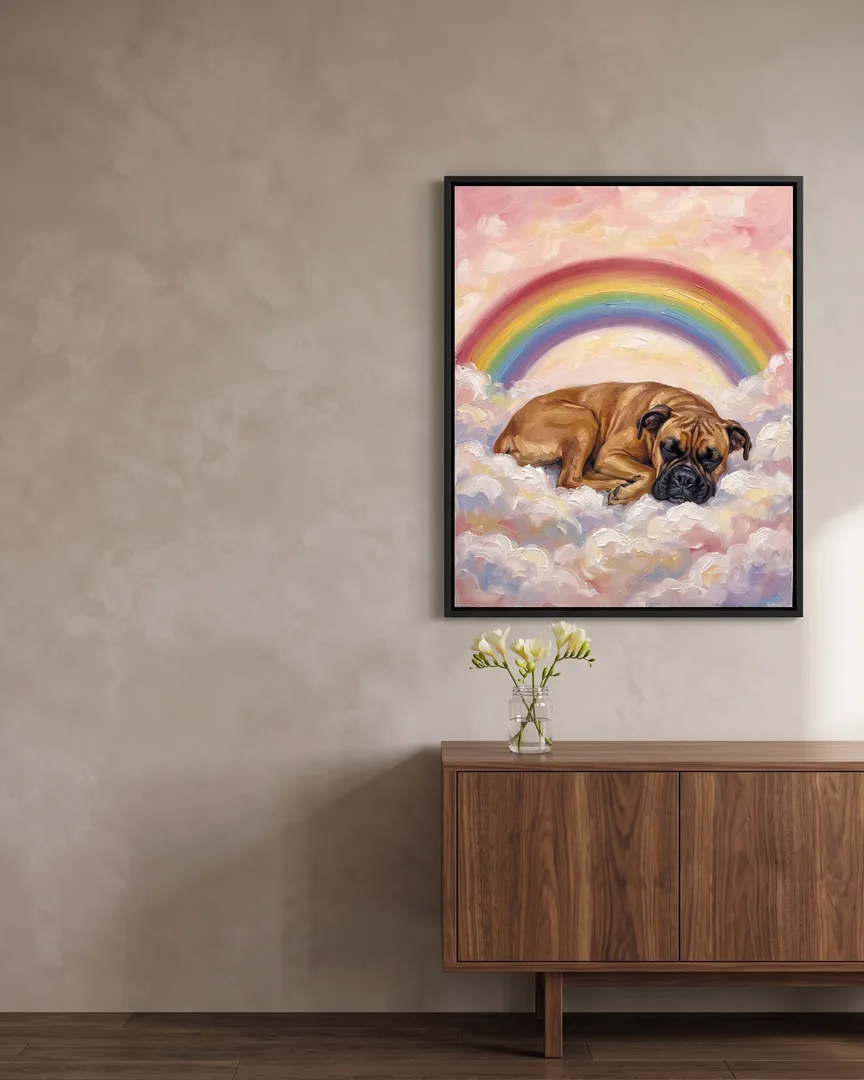 A black framed canvas of Rocco, a boxer, a Gentle Skies portrait, hung above a sideboard.