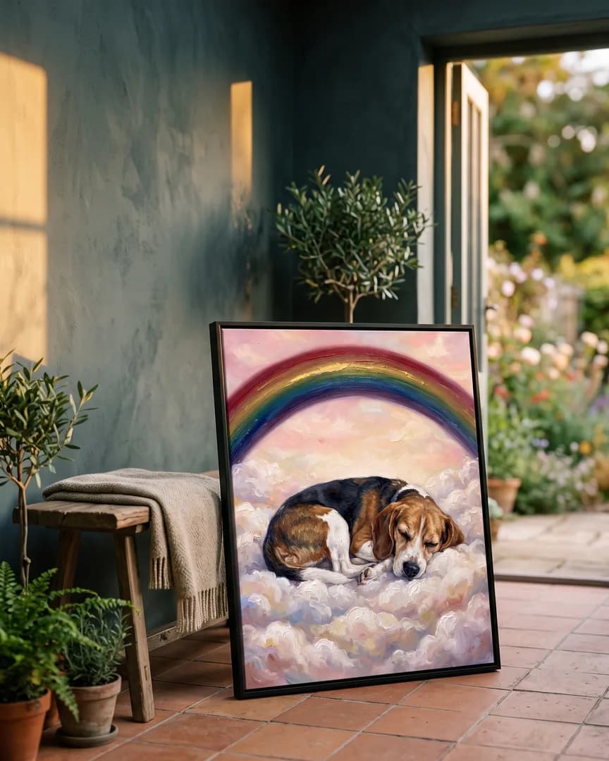 A black framed canvas of Buddy, a beagle, a Gentle Skies portrait, leaning on a garden-room bench.