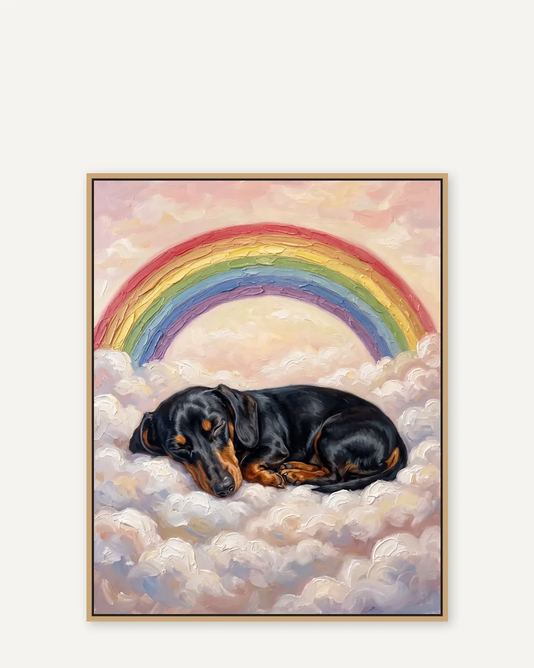 A natural-oak float-framed canvas of Ziggy, a dachshund, a gentle Gentle Skies portrait kept close.