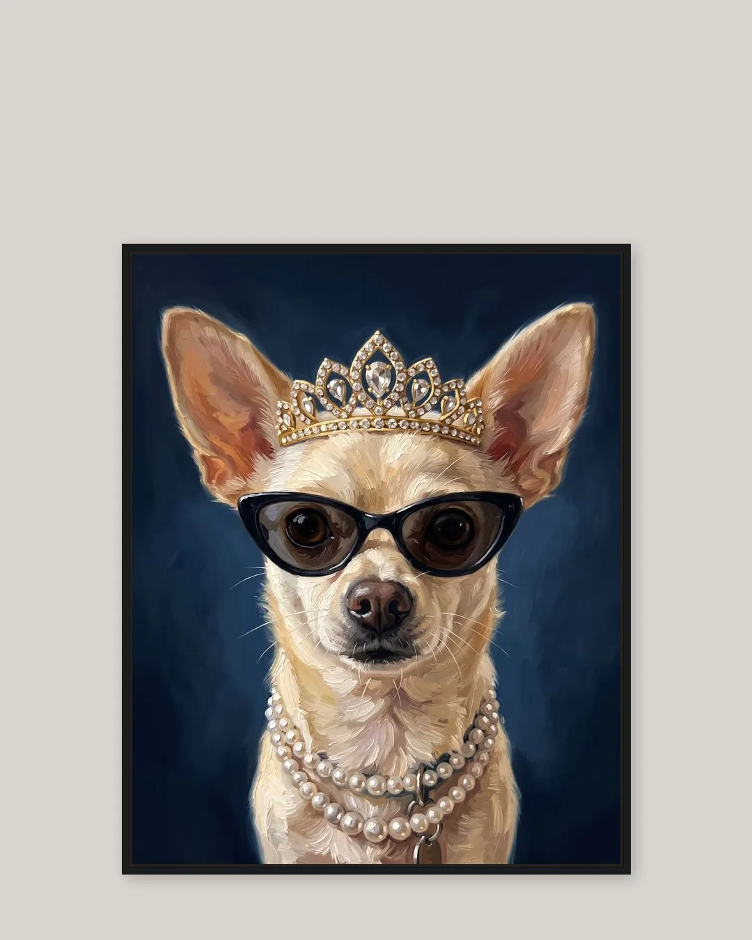 A black float-framed canvas of Pip, a chihuahua, in the High Society style.
