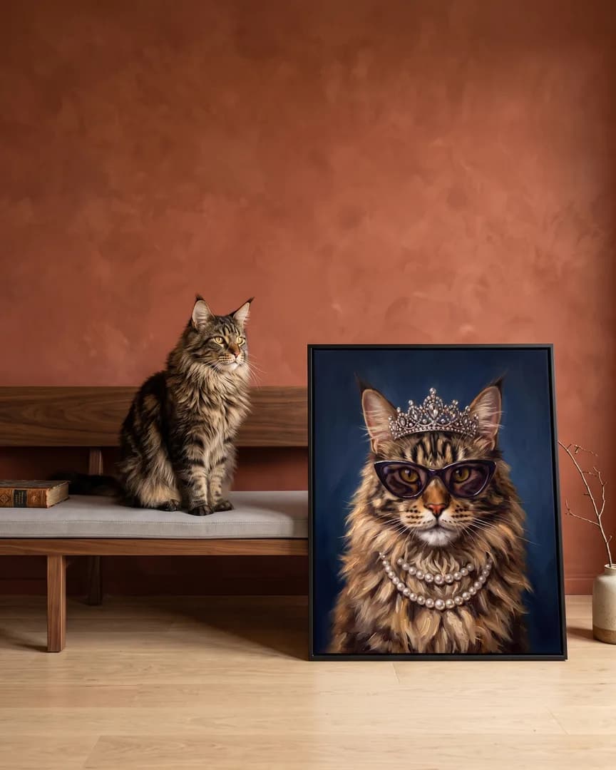 Baron, a Maine coon, beside a black framed canvas of their own High Society portrait.