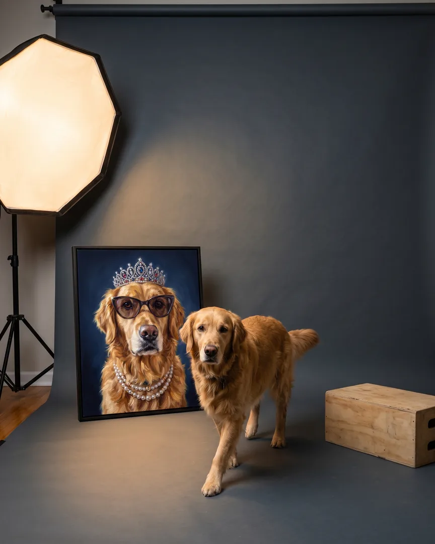 Sunny, a golden retriever, beside a black framed canvas of their own High Society portrait.