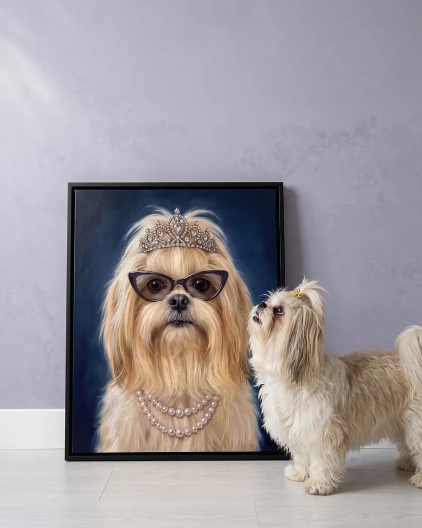 Coco, a Shih Tzu, beside a black framed canvas of their own High Society portrait.