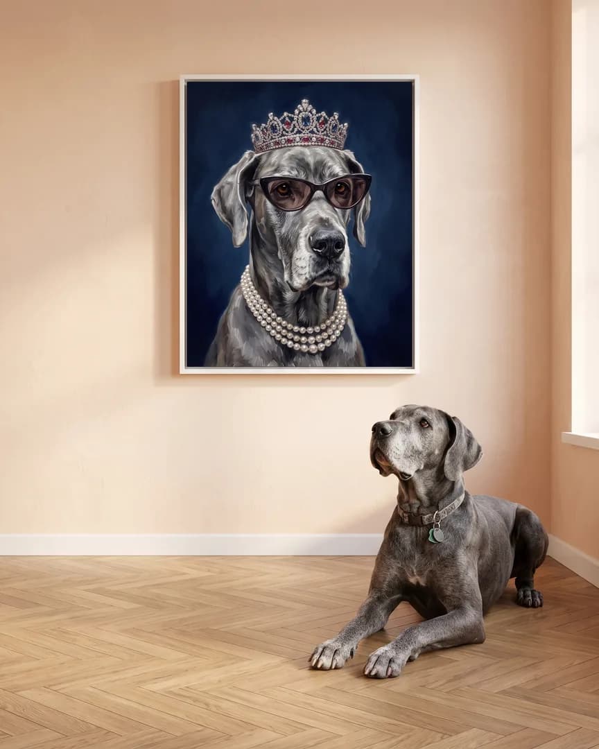 Duke, a Great Dane, beside a white framed canvas of their own High Society portrait.