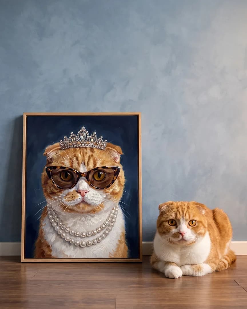 Biscuit, a Scottish fold, beside a natural-oak framed canvas of their own High Society portrait.