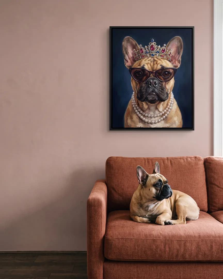 Gus, a French bulldog, beside a black framed canvas of their own High Society portrait.