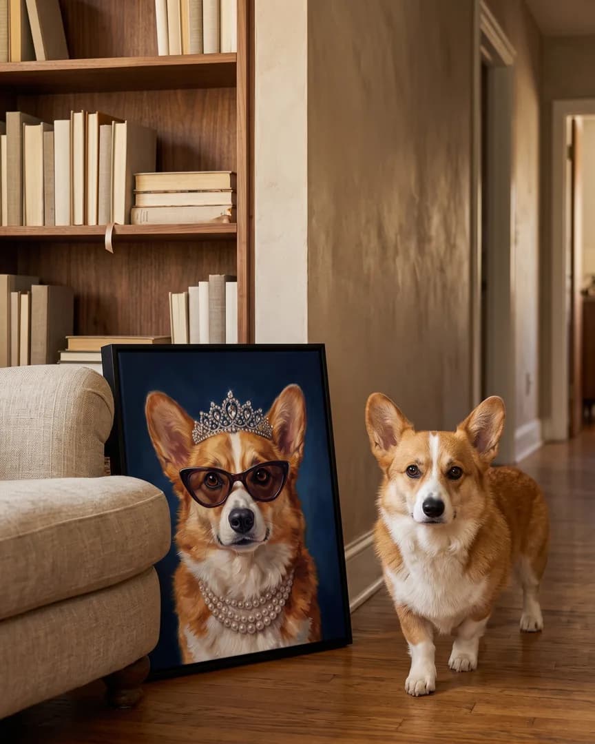 Pixel, a Pembroke Welsh corgi, beside a black framed canvas of their own High Society portrait.