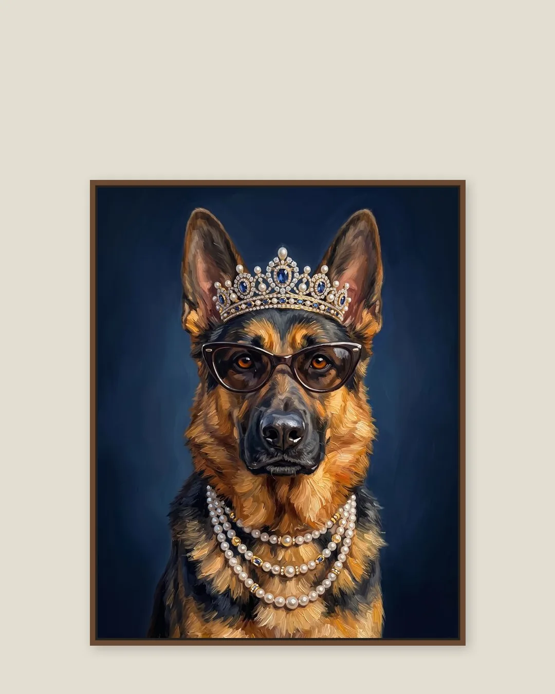 A brown float-framed canvas of Rex, a German shepherd, in the High Society style.