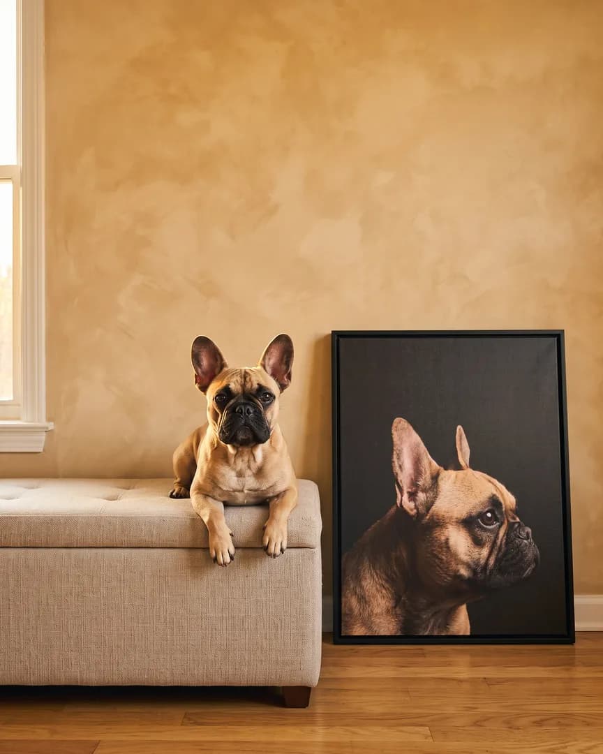 Gus, un bouledogue français, à côté d'une toile encadrée noire de son portrait De profil.