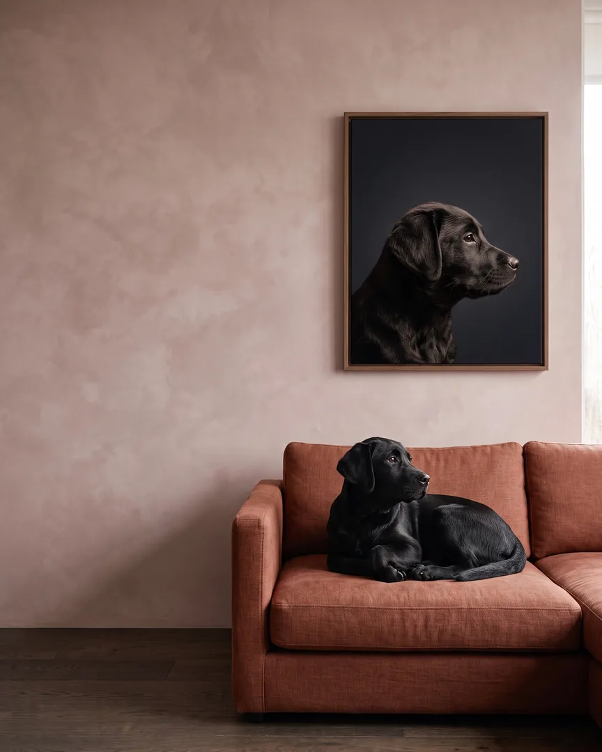 Bear, un chiot labrador noir, à côté d'une toile encadrée brune de son portrait De profil.