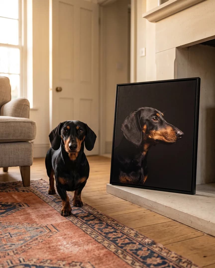 Ziggy, un teckel, à côté d'une toile encadrée noire de son portrait De profil.