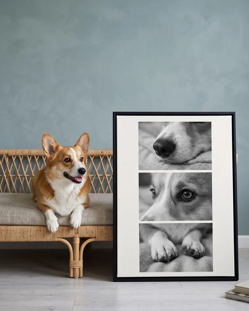 Pixel, a Pembroke Welsh corgi, beside a black framed canvas of their own Close Studies portrait.
