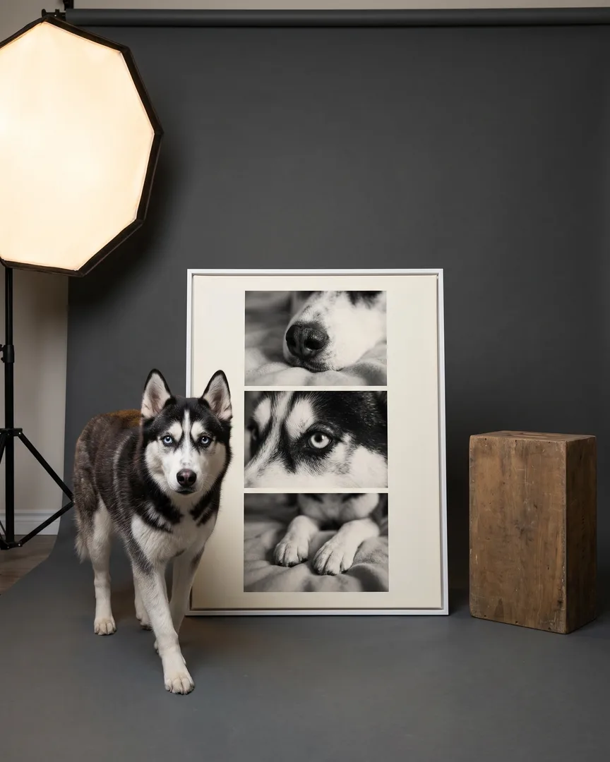Nova, a Siberian husky, beside a white framed canvas of their own Close Studies portrait.