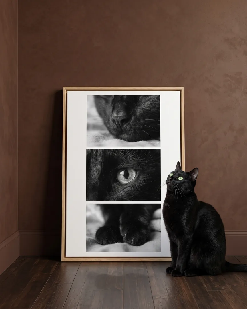 Ombre, a black domestic shorthair cat, beside a natural-oak framed canvas of their own Close Studies portrait.