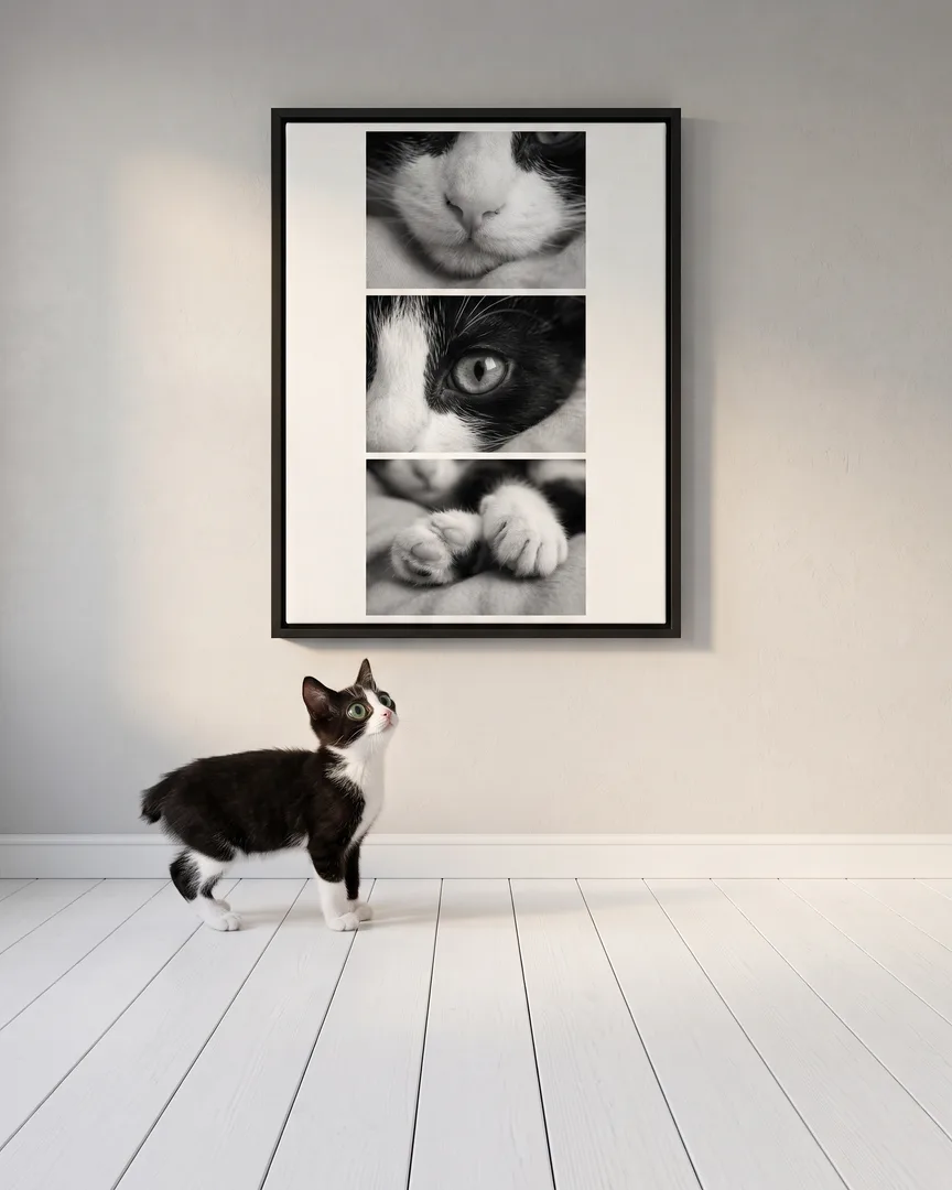 Oreo, a tuxedo domestic shorthair kitten, beside a black framed canvas of their own Close Studies portrait.