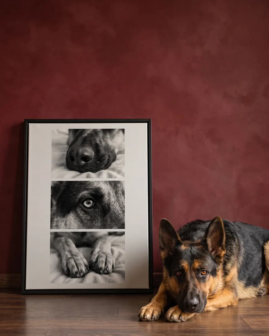 Rex, a German shepherd, beside a black framed canvas of their own Close Studies portrait.