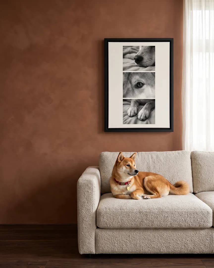 Suki, a Shiba Inu, beside a black framed canvas of their own Close Studies portrait.