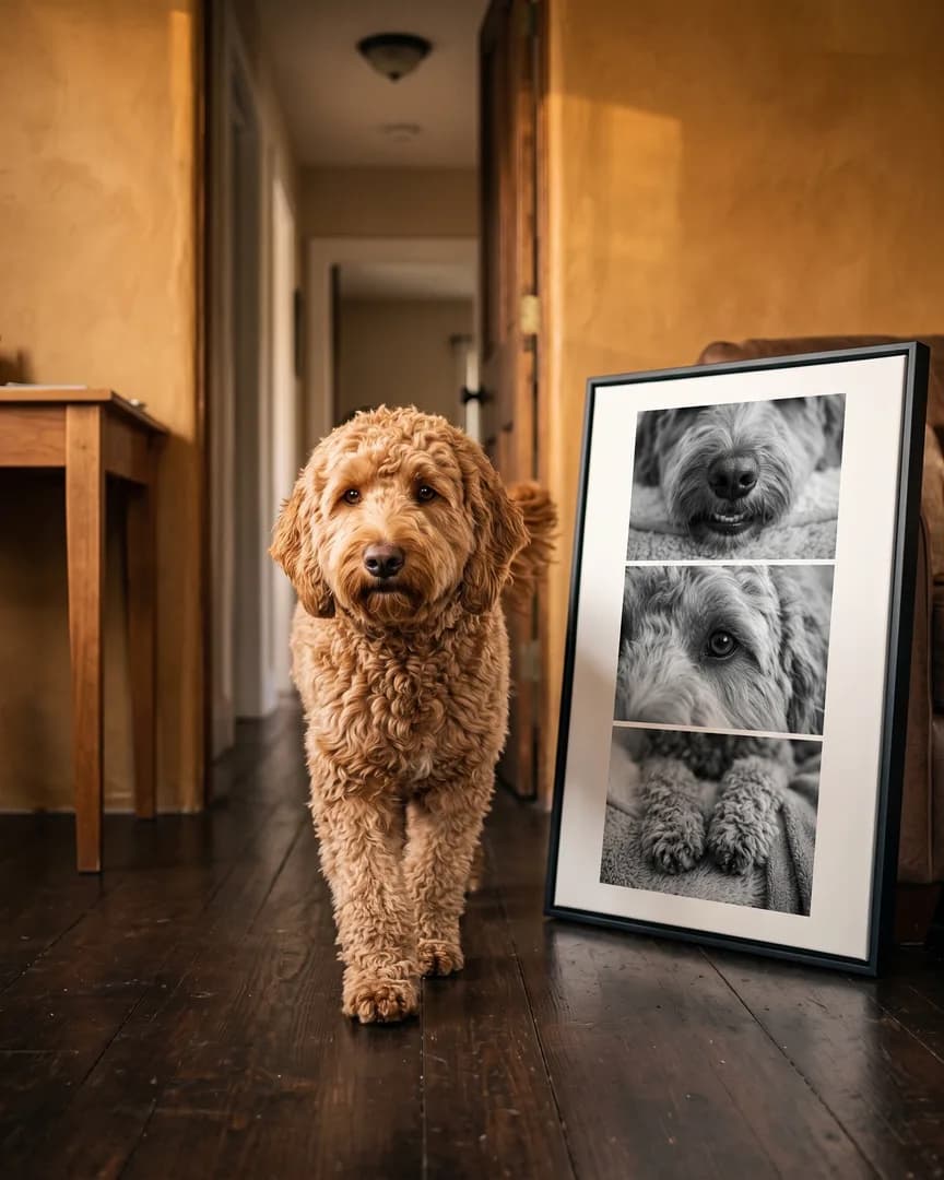 Teddy, a goldendoodle, beside a black framed canvas of their own Close Studies portrait.