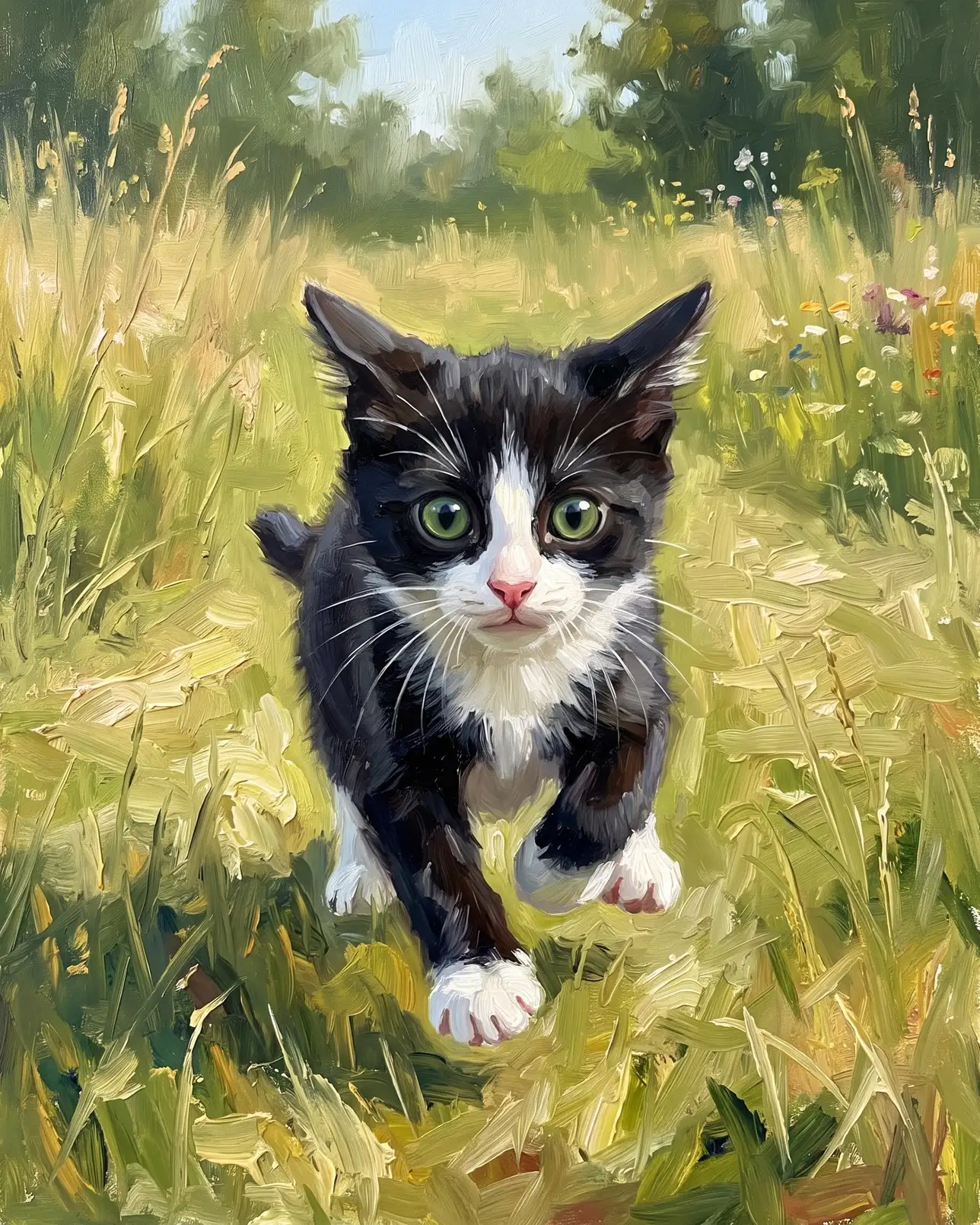 Oreo, un chaton smoking, exemple Sprint dans le pré.