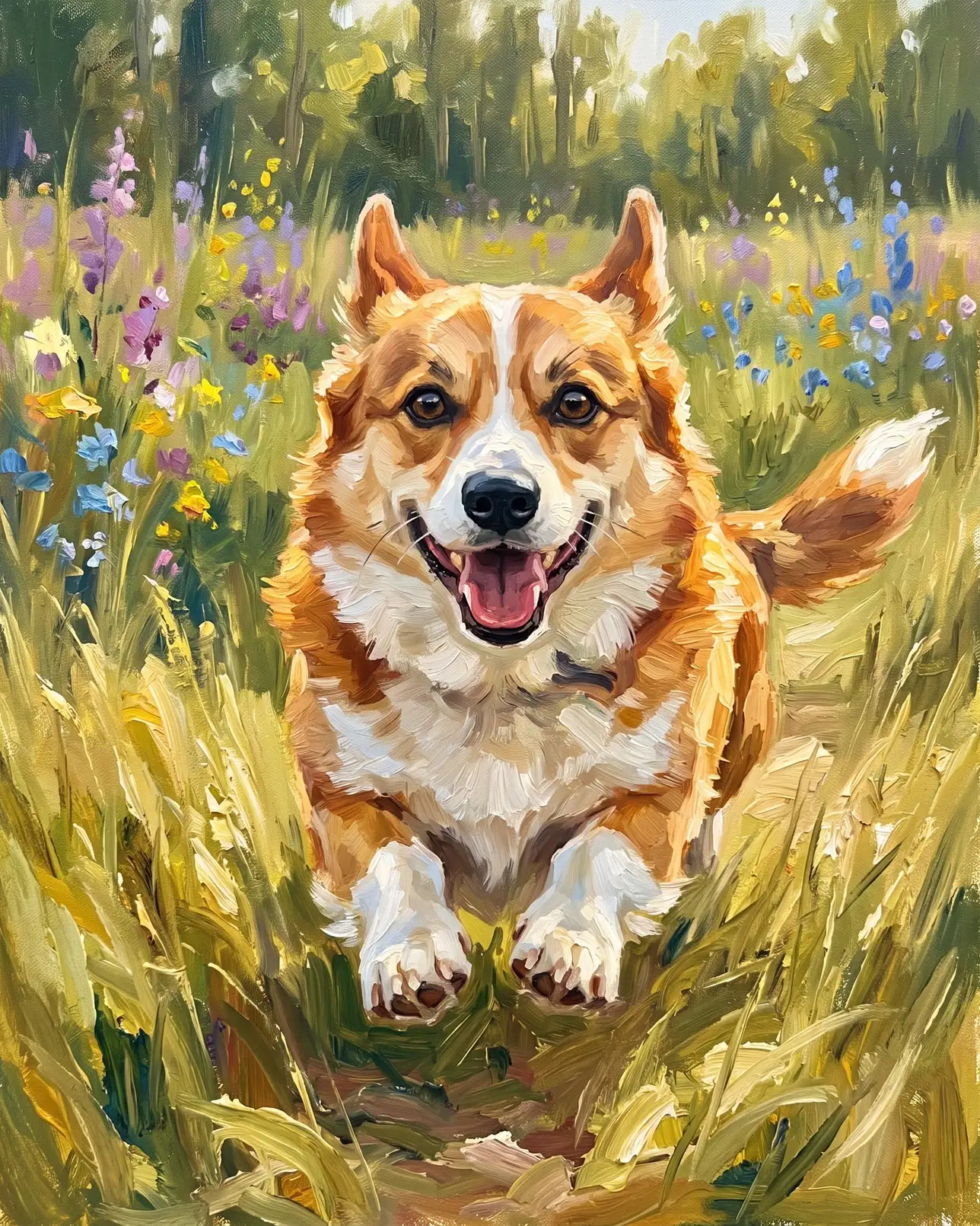 Pixel, un corgi, exemple Sprint dans le pré.