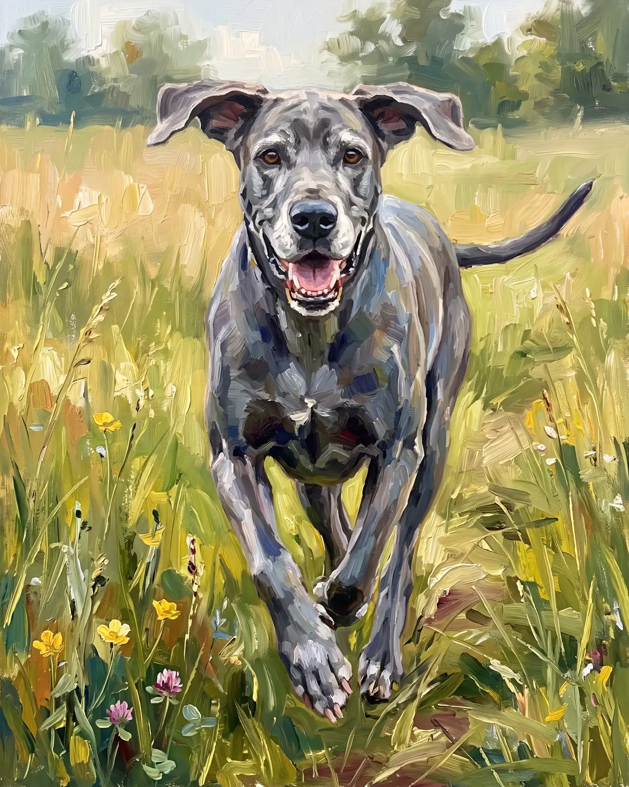 Duke, un danois, exemple Sprint dans le pré.