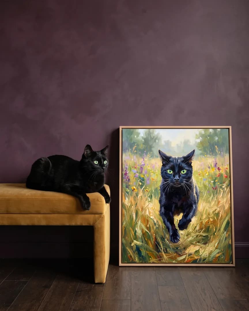 Ombre, un chat noir, à côté d'une toile encadrée en chêne naturel de son portrait Sprint dans le pré.