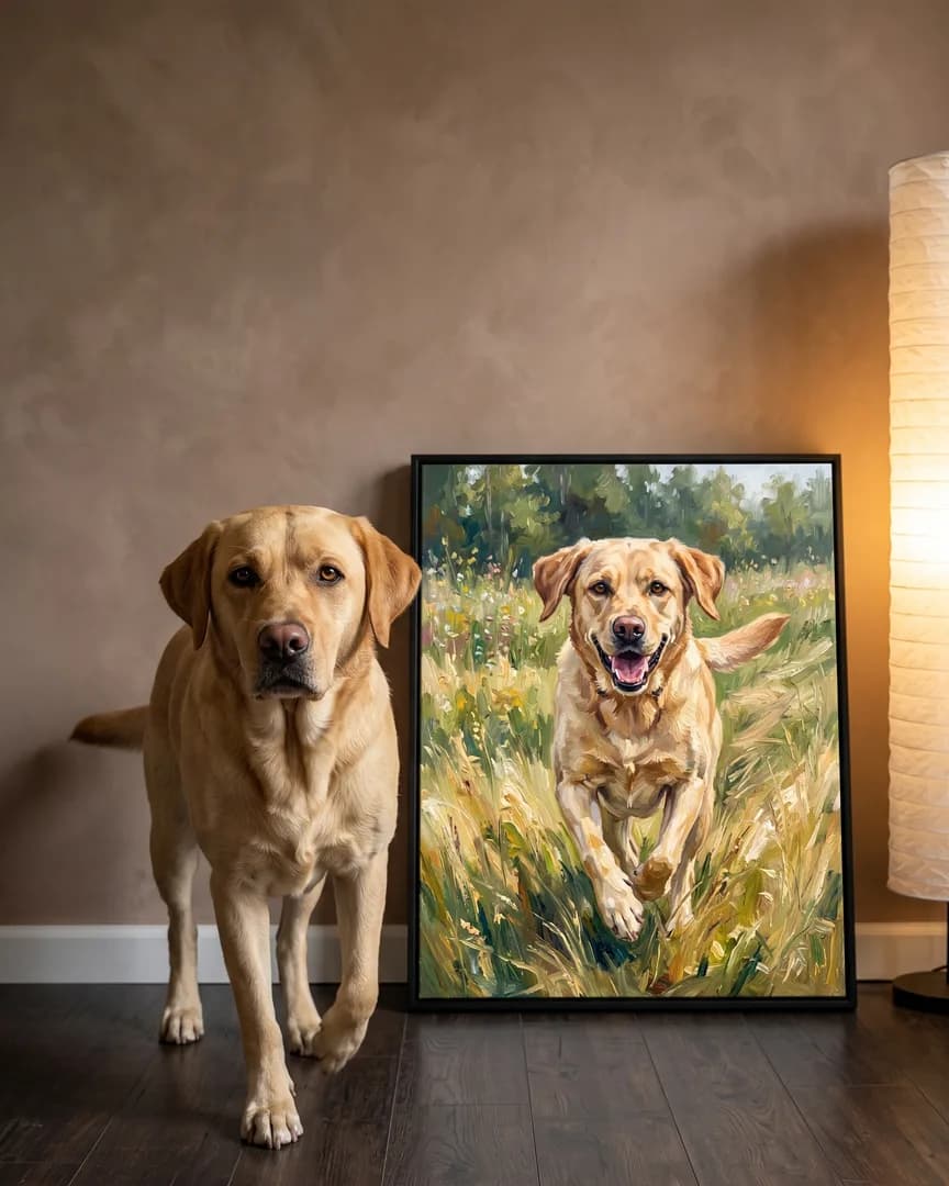Marley, un labrador jaune, à côté d'une toile encadrée noire de son portrait Sprint dans le pré.